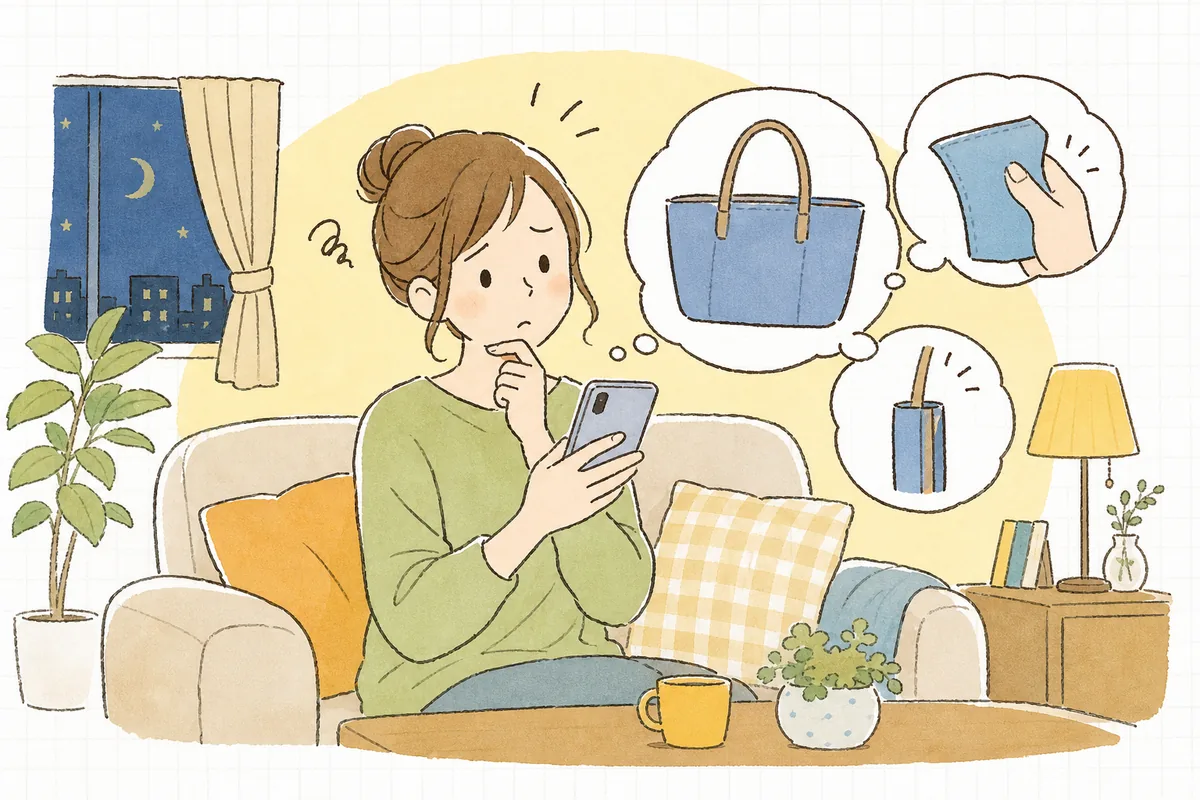 スマートフォンの商品ページでカバンの写真を見ながら、素材の質感や厚みが分からず「実物はどんな感じだろう」と少し不安そうな表情を浮かべているお客さんの情景
