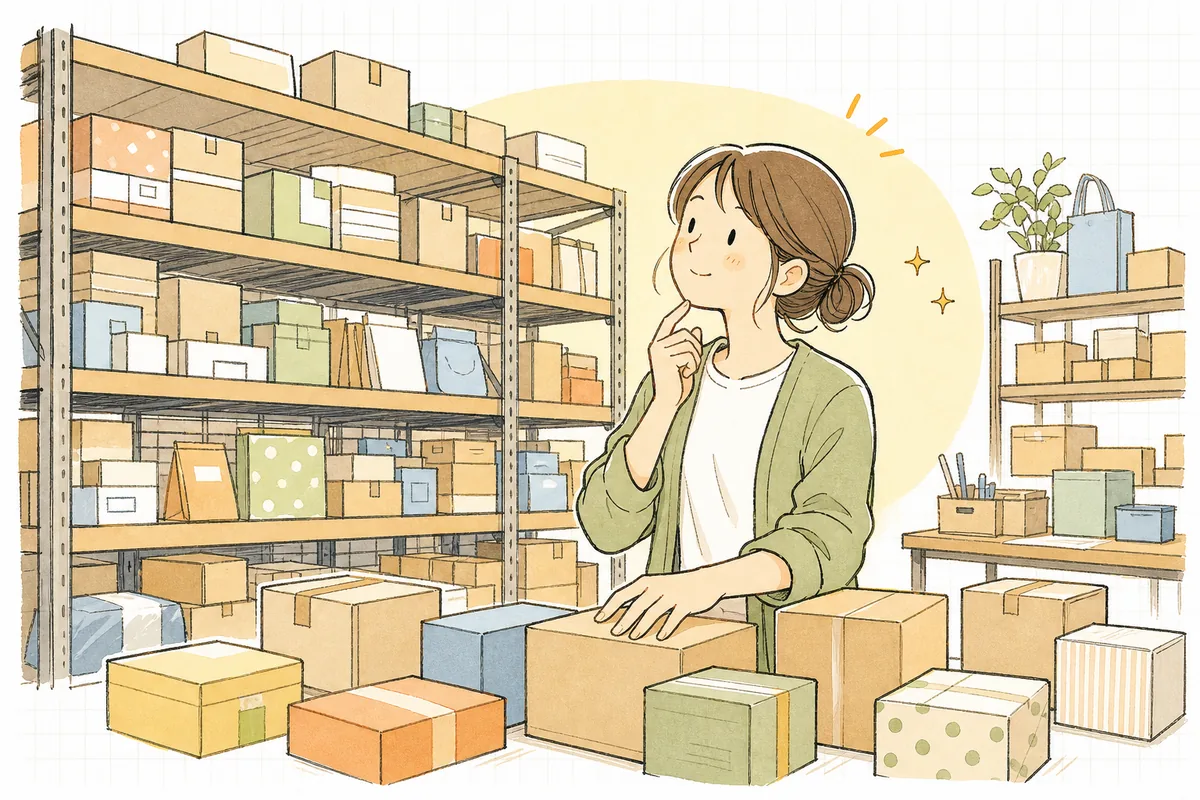 たくさんの商品が並ぶ棚を前に、EC担当者が「どれが本当に稼いでいるんだろう」と考えながら、売れている少数の商品にそっと手を伸ばしている情景