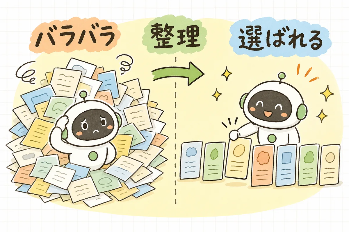 バラバラで読み取りにくい商品情報より、整理された商品情報のほうがAIに正しく選ばれる様子を示した図