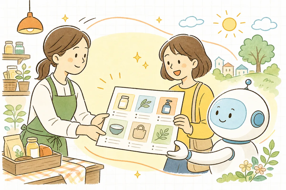 整えられた商品情報を通じて、お店とお客さん、そしてAIアシスタントがなめらかにつながり、みんなが穏やかに前を向いている明るい情景