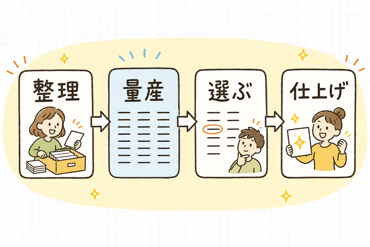 商品情報の整理から、AIによる案の量産、人による選定・仕上げまでの流れを示した図