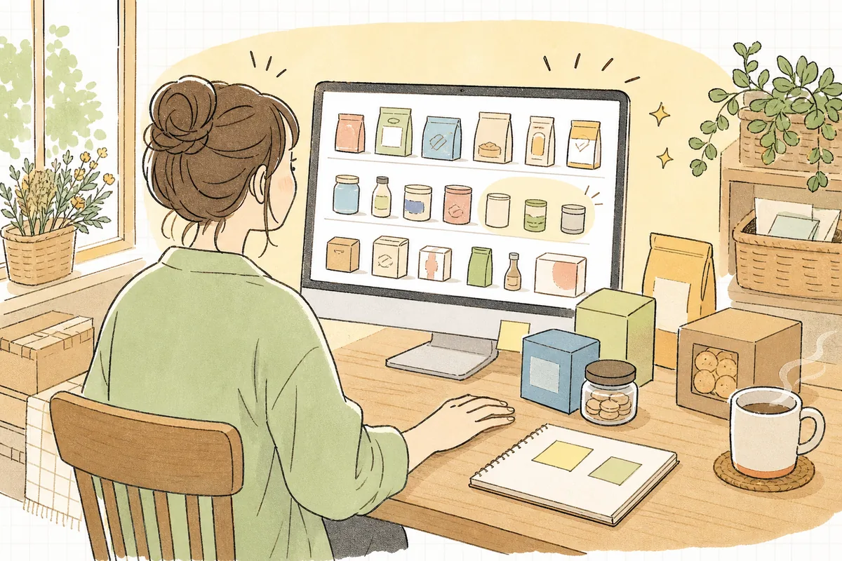 商品を前に商品名やキャッチコピーが決められず悩んでいた担当者が、AIの出した案の一覧を見て「これだ」と表情が明るくなる瞬間