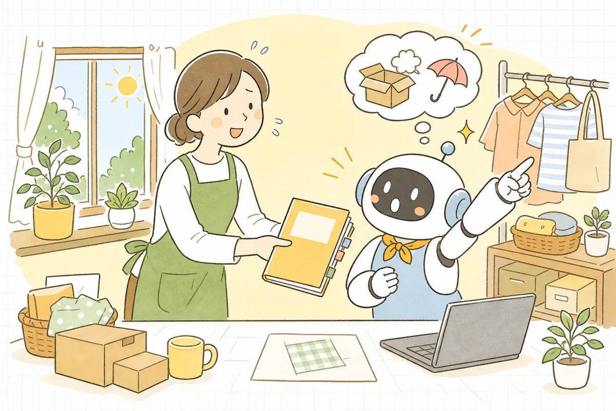 ネットショップの担当者が、堂々と的外れな案内をするAIロボットの横で、正しい商品資料のファイルをそっと差し出して「これを見て答えて」と教えている情景
