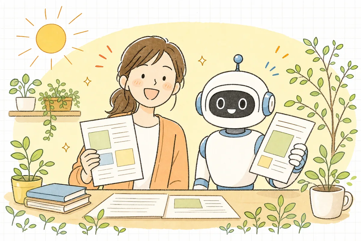 資料を見ながら正確に答えられるようになった接客AIと、その横で安心して笑顔で前を向くEC担当者の明るい情景