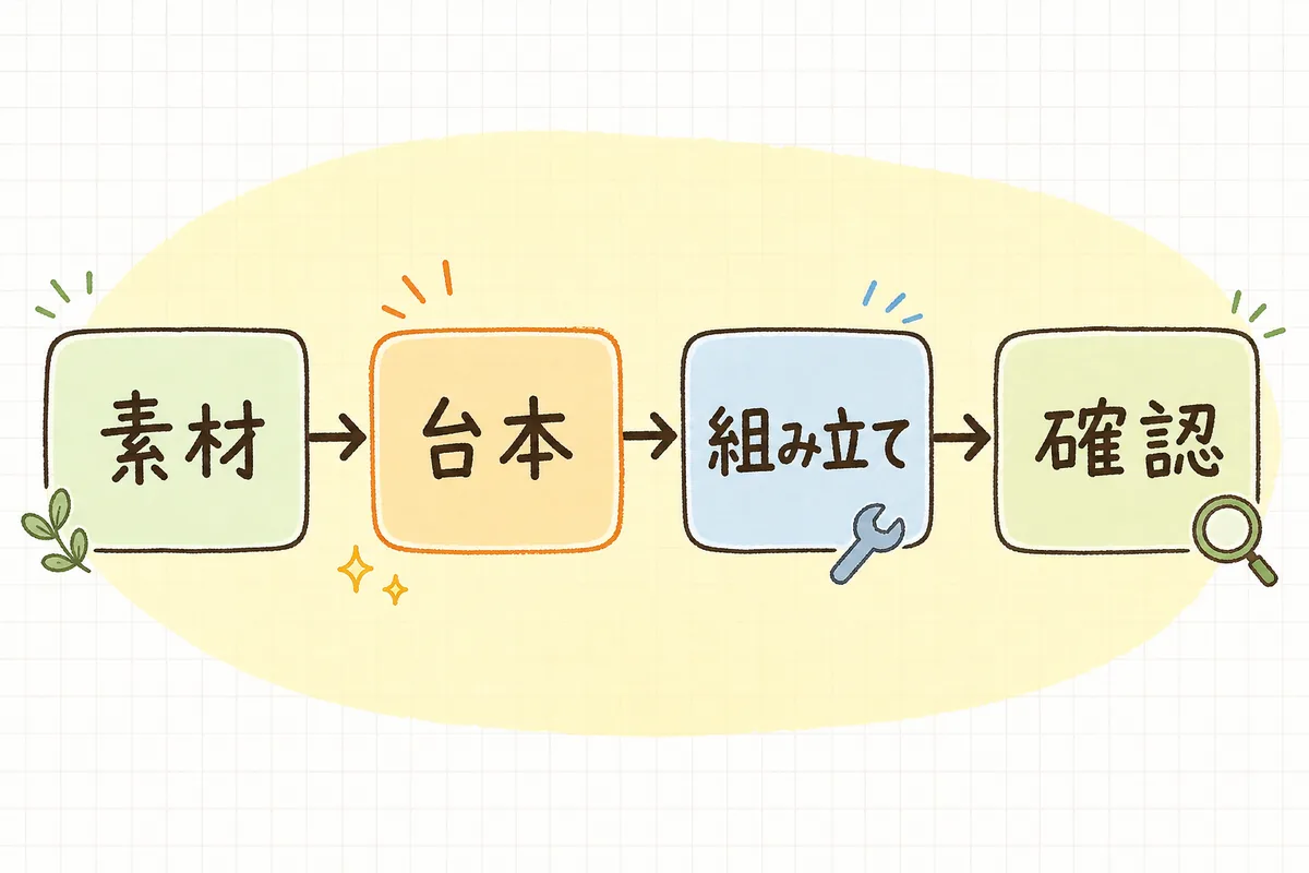 素材集め・AIで台本作成・撮影と組み立て・人の確認という4つの工程で商品紹介動画ができるまでの流れを示した図
