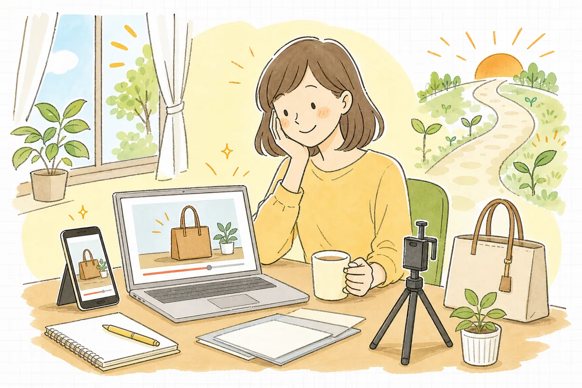 完成した短い商品紹介動画を前に、動画づくりの手応えを感じて明るい表情で前を向くEC担当者の情景