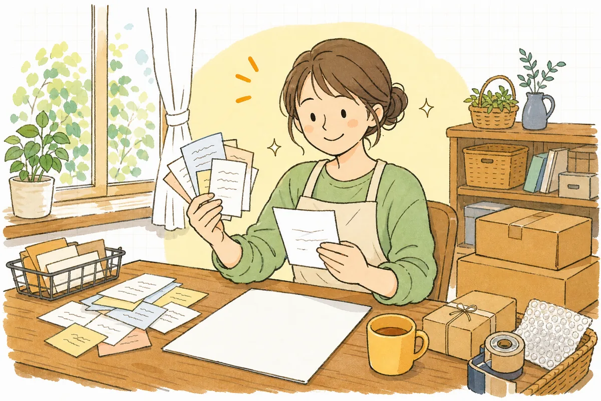 同じような問い合わせメモを何枚も抱えながら、それを1枚のFAQに束ねようと整理し始めるEC担当者の情景