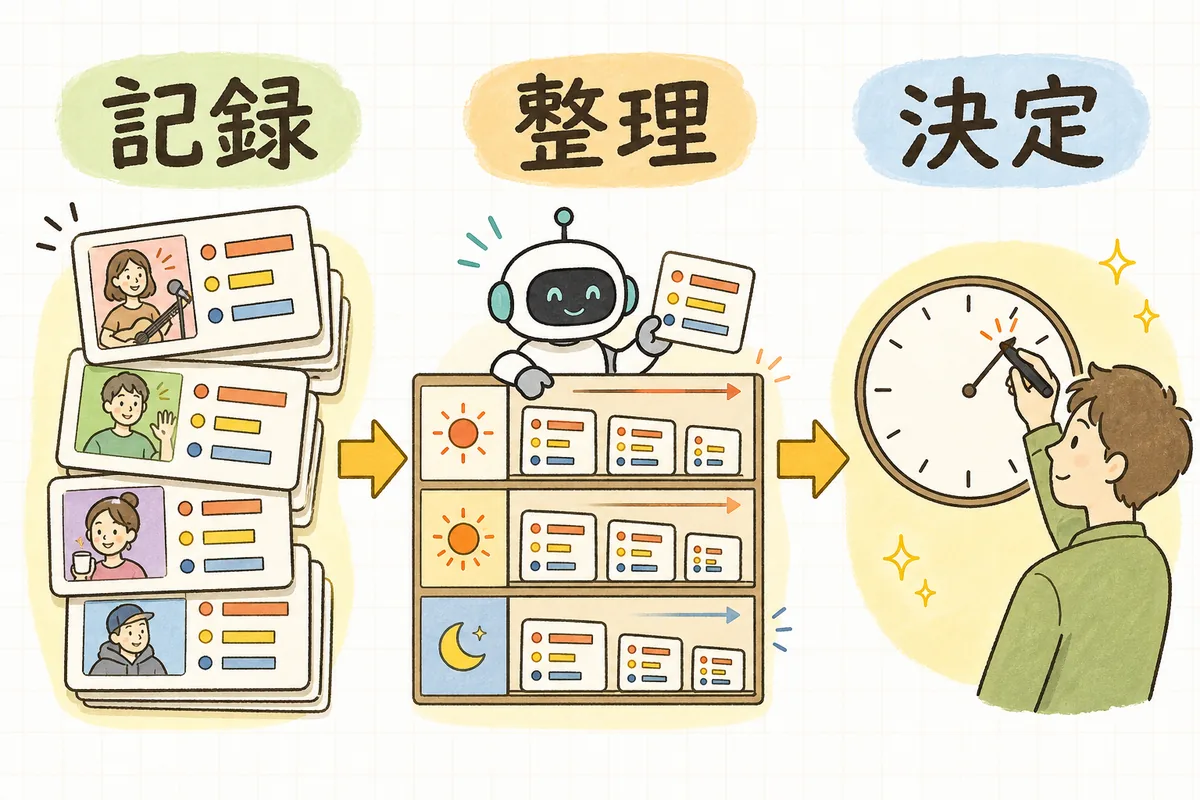 過去の配信データをAIが時間帯ごとに整理し、開かれやすい時間の仮説を作って、最後に人が配信時間を決める流れの図
