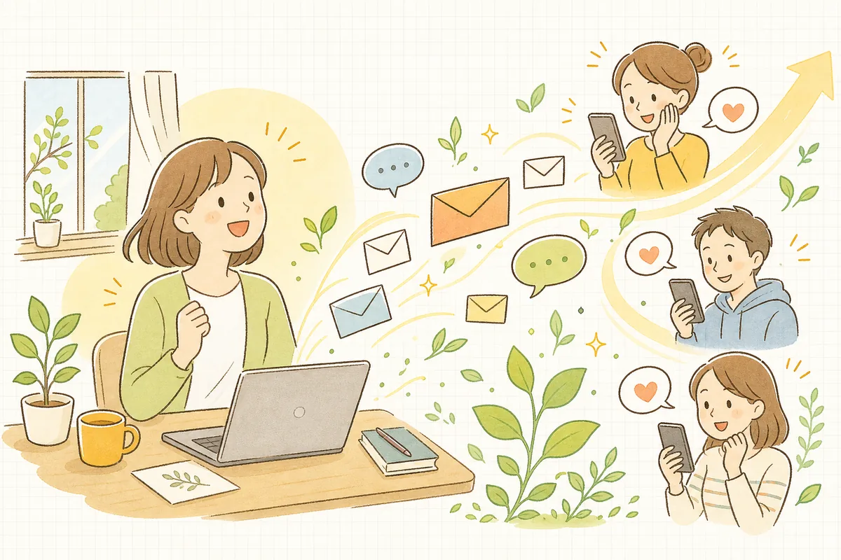 配信の反応がよくなり、ほっとした前向きな表情で次の配信づくりに向かうEC担当者の明るい情景