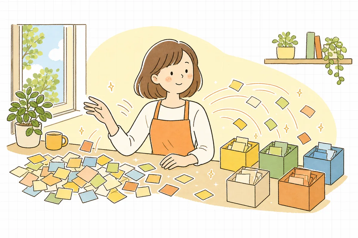机に積み上がったバラバラの返品理由のメモを、AIの助けを借りて種類ごとの箱に仕分けていくEC担当者
