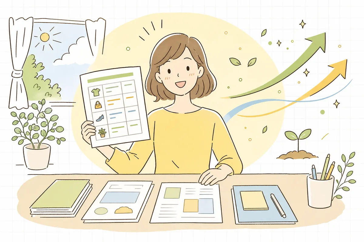片づいた机で、整理された返品理由の一覧を手に、明るい表情で次の改善に向かうEC担当者