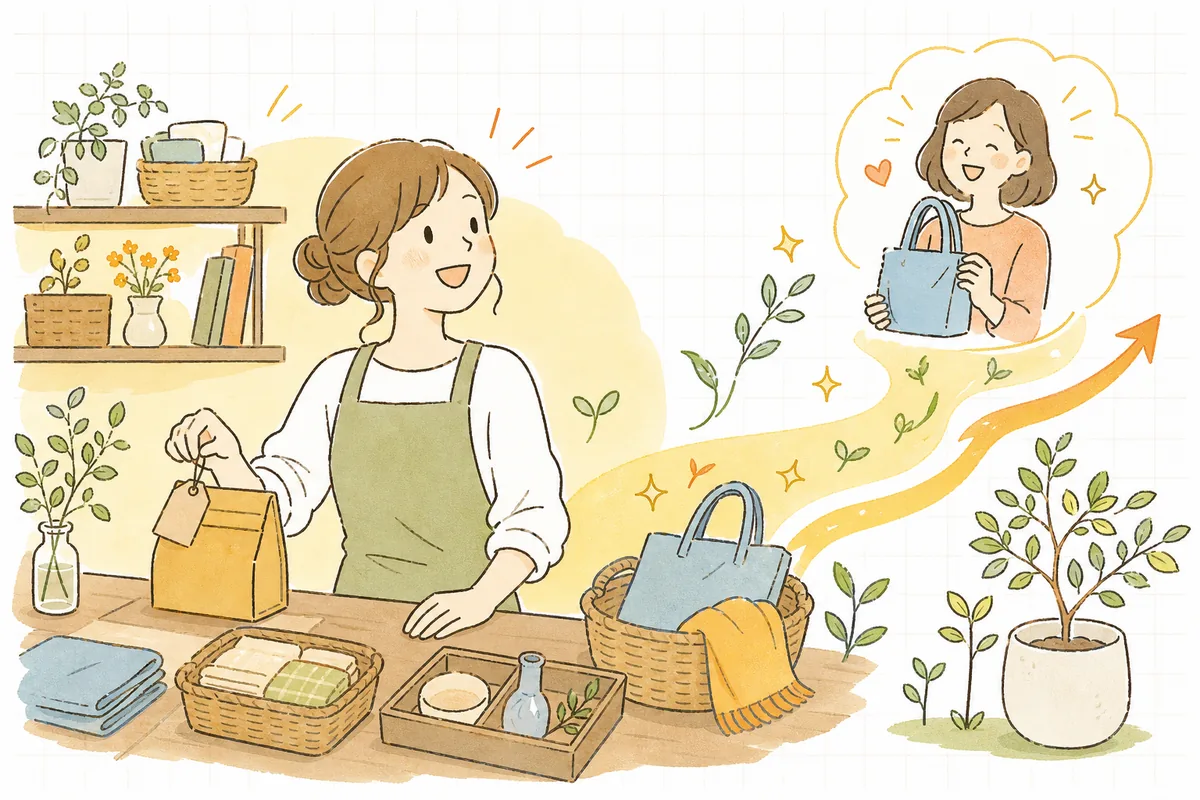 自分で納得して値札をつけ終え、ほっとした前向きな表情で次の仕事に向かうEC担当者の明るい情景