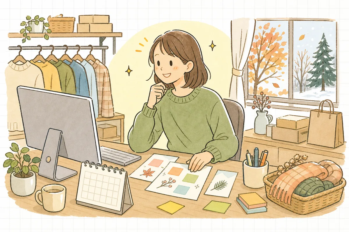 卓上カレンダーを見ながら、AIを相棒に季節の販促アイデアを落ち着いて考え始めるEC担当者