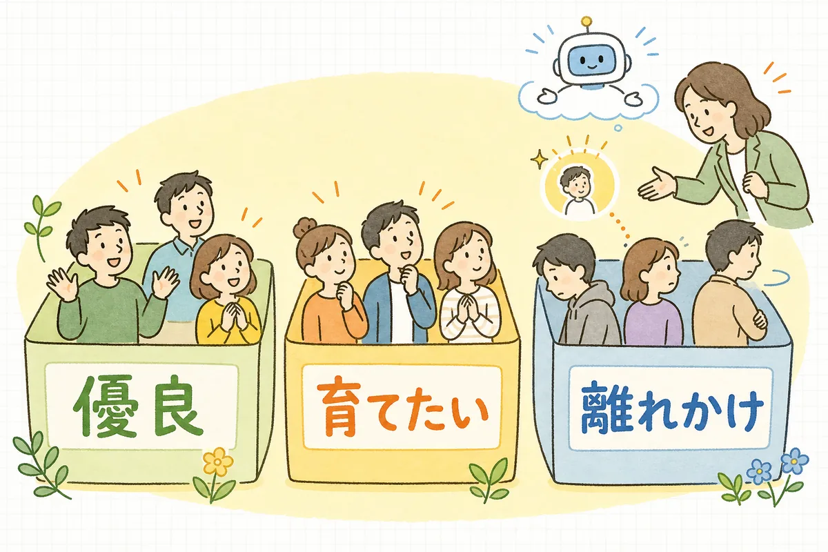顧客を優良・育てたい・離れかけの3グループに分け、離れかけの人に早く気づく様子を示した図