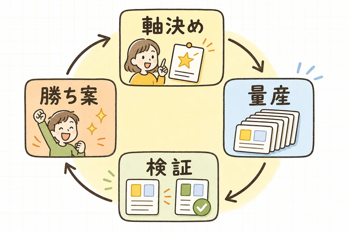 人が訴求軸を決め、AIが案を量産し、A/Bテストで反応を比べ、勝った案を残して次の量産へつなげるぐるぐる回る改善の流れを示した図