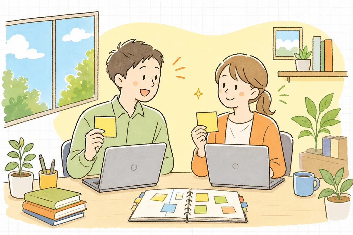 共有された指示文のテンプレを使い、チームみんなが同じ質でAIを使いこなしている明るい情景
