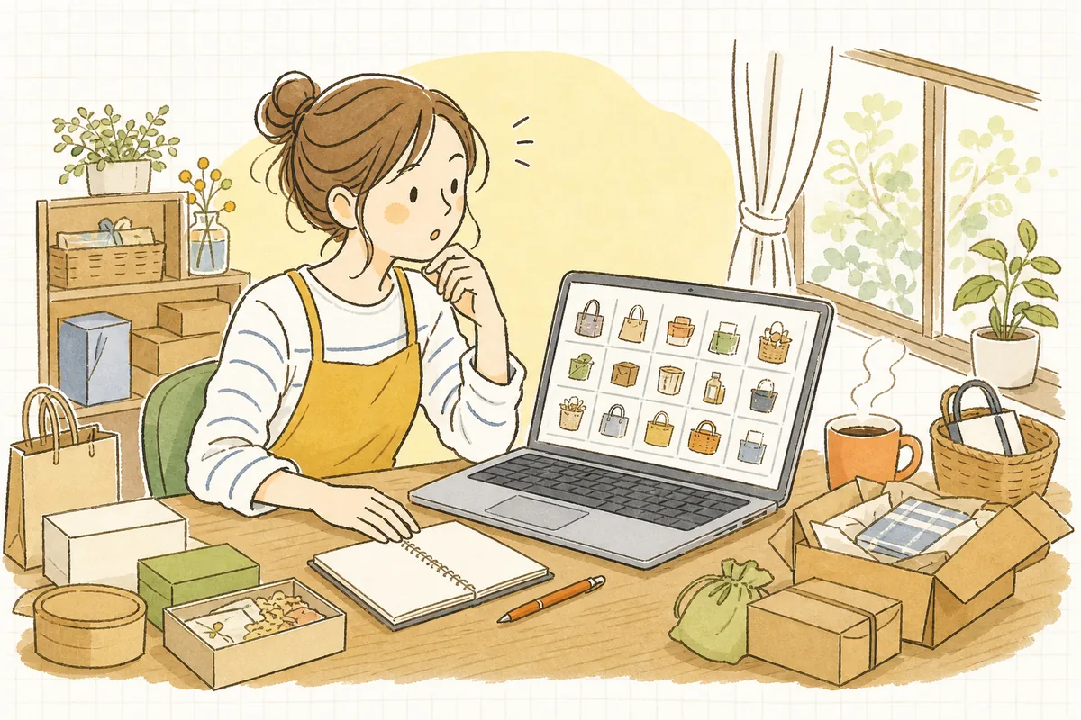 たくさんの商品画像が並んだ管理画面を前に、空欄のままの画像説明欄に気づいて少し立ち止まるEC担当者
