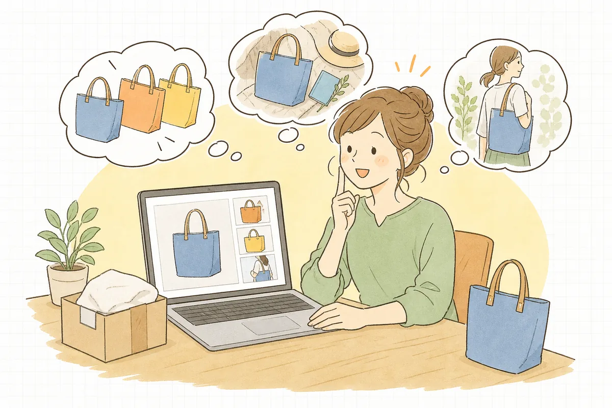 パソコンの前で、商品の色違い画像をどう用意しようか考えているネットショップの担当者