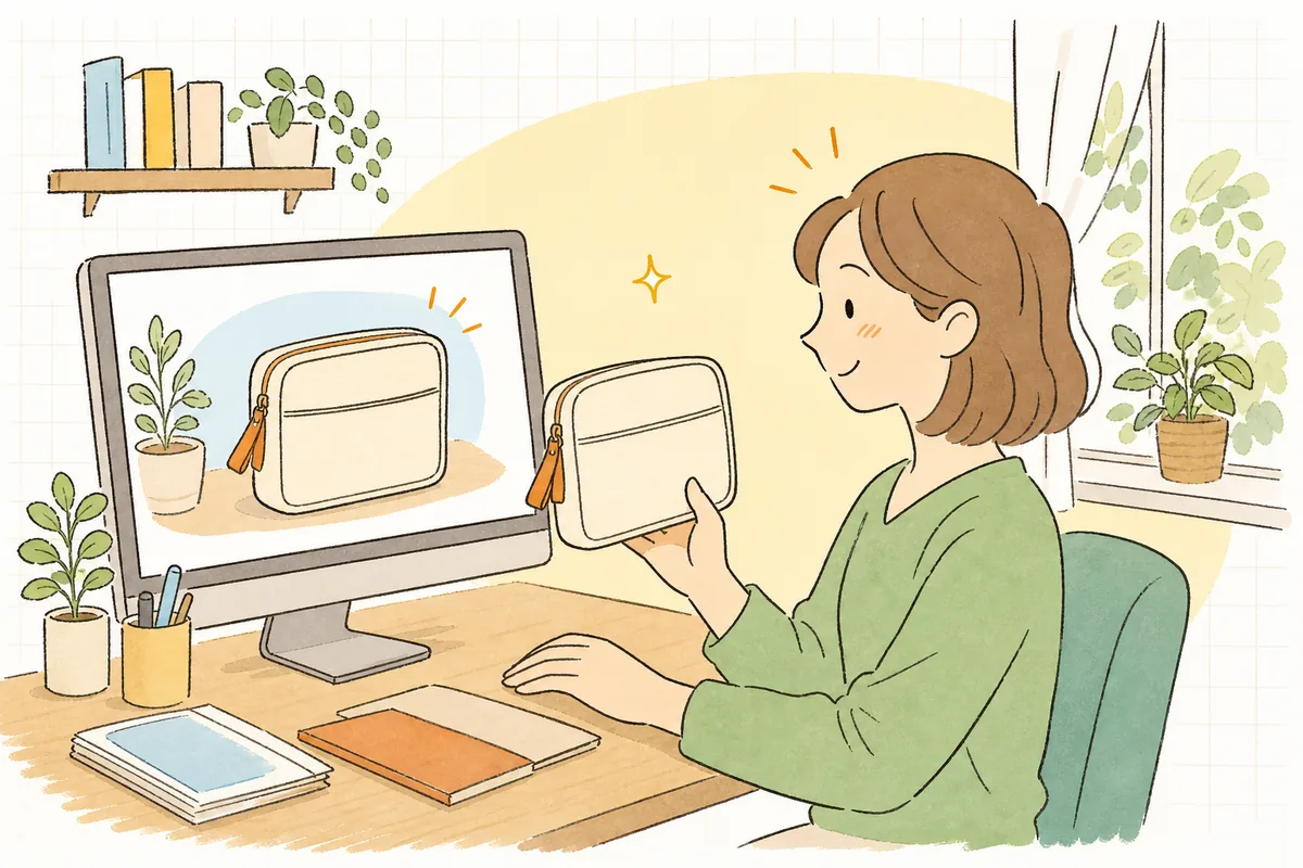 AIで作った使用シーン画像を実物と見比べ、満足そうに商品ページを仕上げるネットショップの担当者