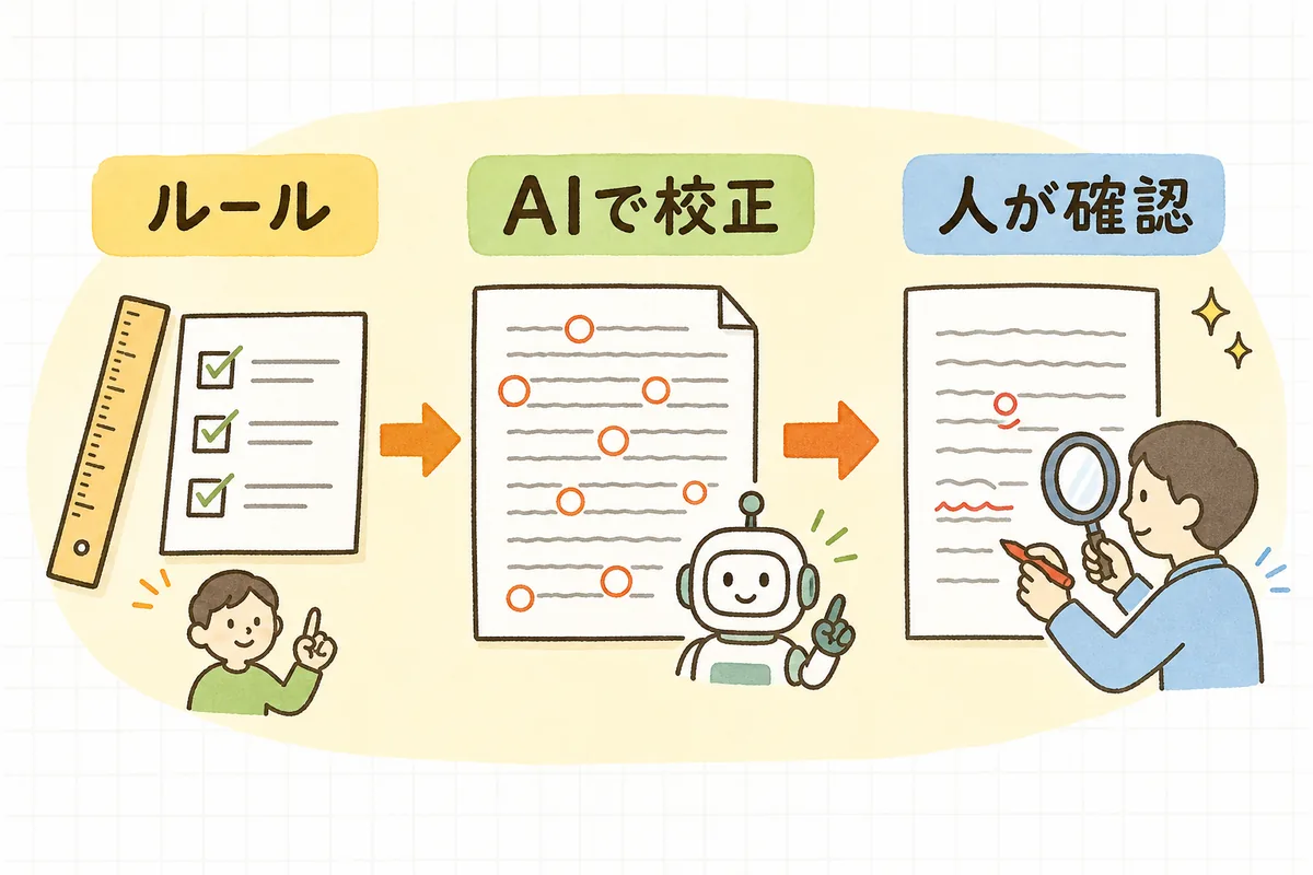 「表記ルールを決める」「AIで誤字脱字・表記ゆれを洗い出す」「人が事実と数値を最終確認する」の3ステップで商品ページを校正する流れの図