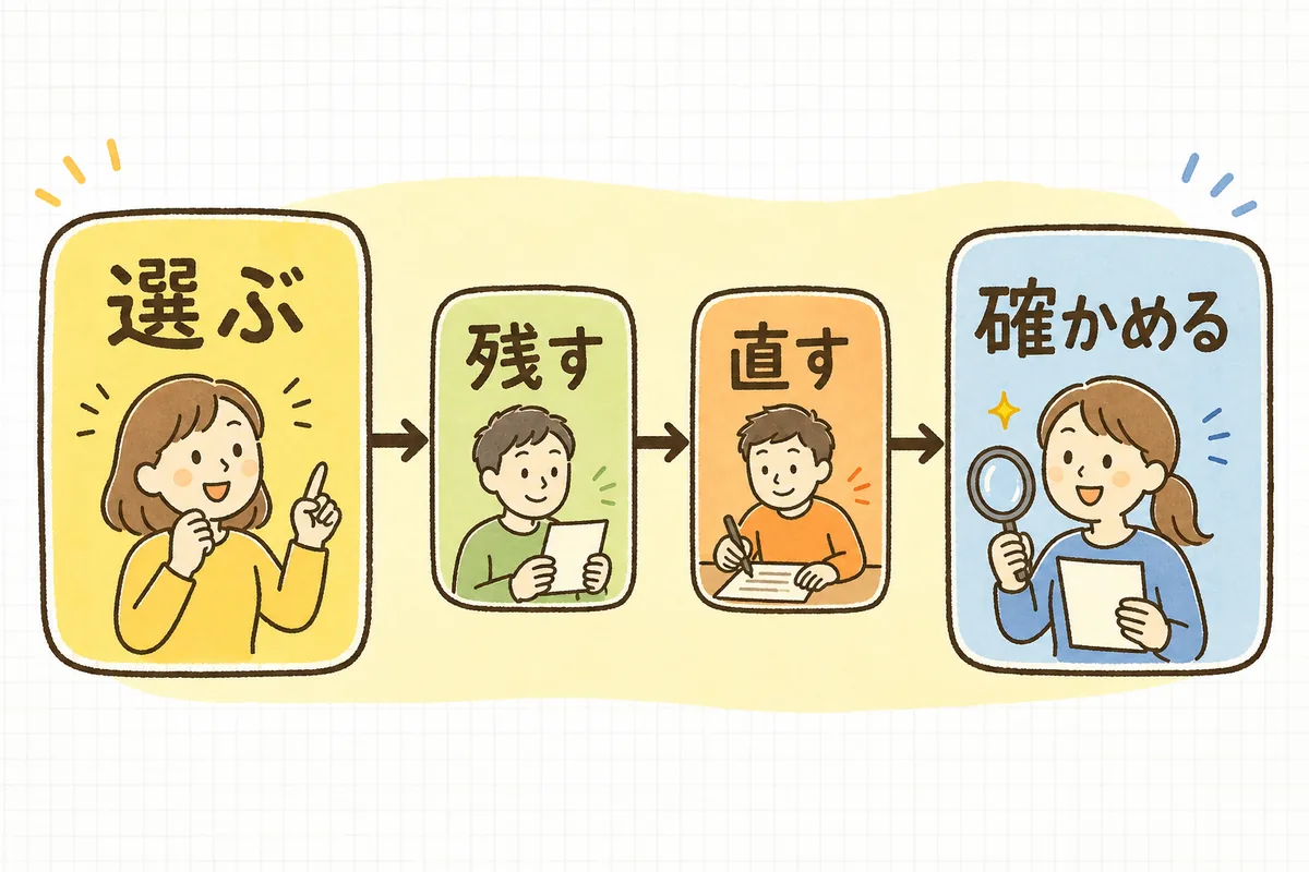 商品ページのリライトを「選ぶ→残す→直す→確かめる」の4段に分け、事実は残し、文章をAIで直し、最後は人が確認する流れを示した図