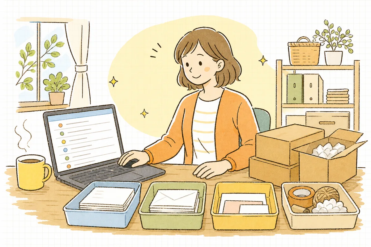 朝の受信トレイに並んだ問い合わせを、仕分けの仕組みで落ち着いて整理し始めるEC担当者