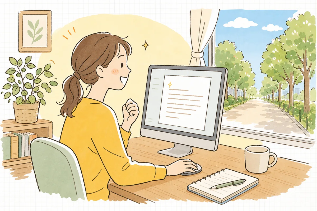 整えた返信を自信を持って送り、お客さまとのやり取りに手応えを感じているEC担当者の明るい情景
