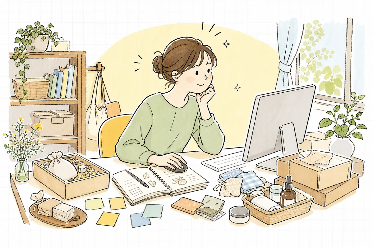 机に商品サンプルとメモを広げ、AIを相棒に次の売れ筋商品の仮説を落ち着いて考え始めるEC担当者