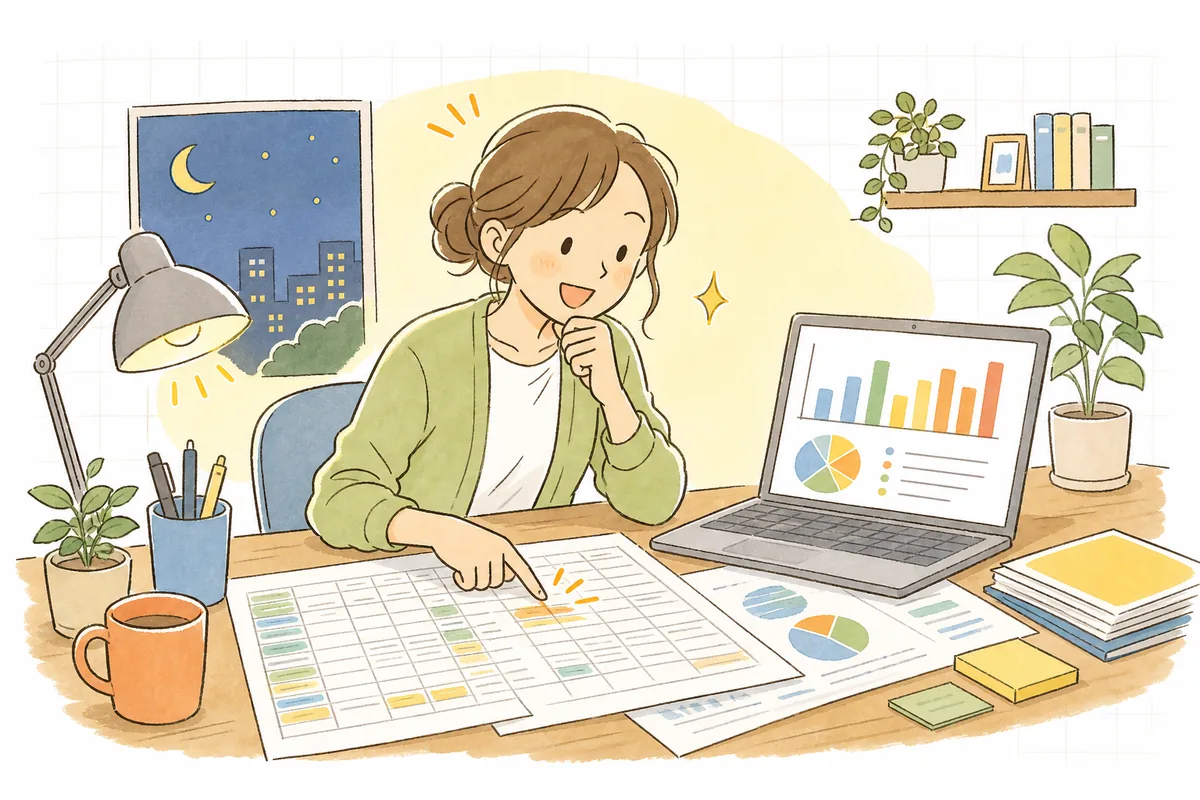 売上の数字を並べた資料とパソコンを前に、気づきを見つけて表情がふっと明るくなったECショップ担当者