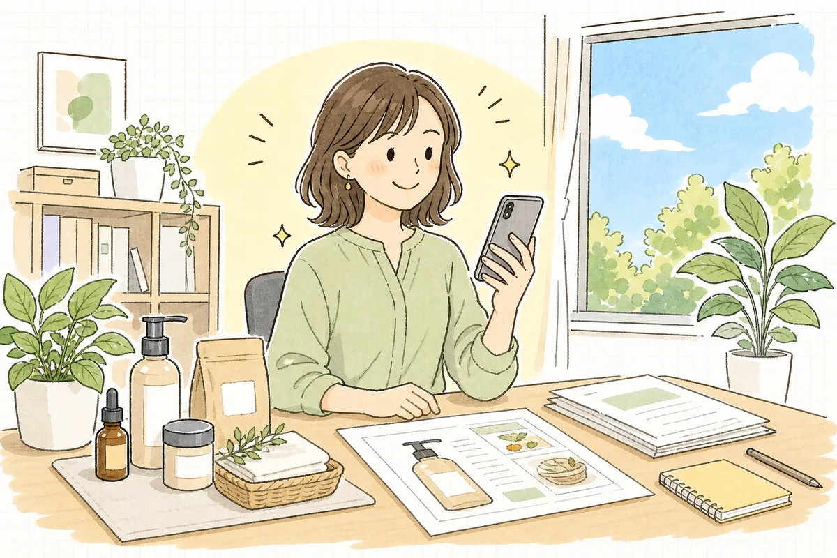 作り込んだAmazonの商品紹介ページをスマホで確認し、伝わる出来栄えに満足して前を向いているEC担当者の明るい様子