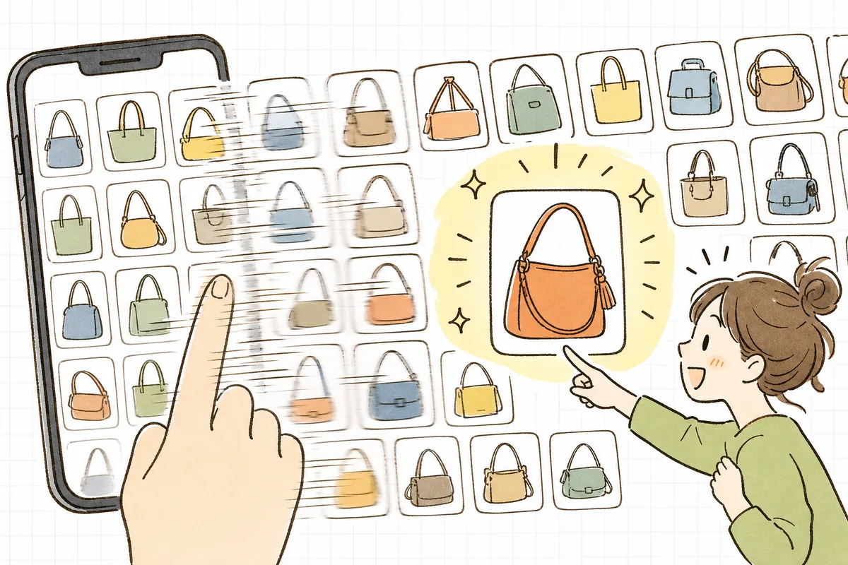 ずらりと並ぶよく似た競合商品の一覧の中で、一つの商品だけが目に留まる様子