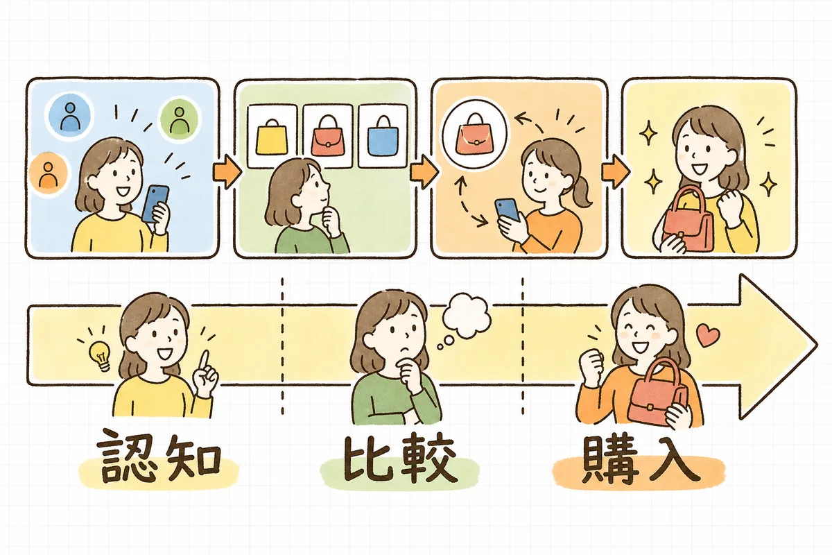 Amazon広告のSP・SB・SD・DSPを「認知→比較→購入」の流れに沿って並べた図