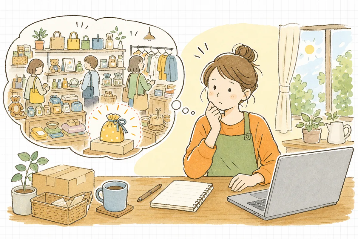 Amazonに出品したばかりの店主が、自分の商品が検索結果の下のほうに埋もれているのを見て、どうすれば見つけてもらえるか考えている情景