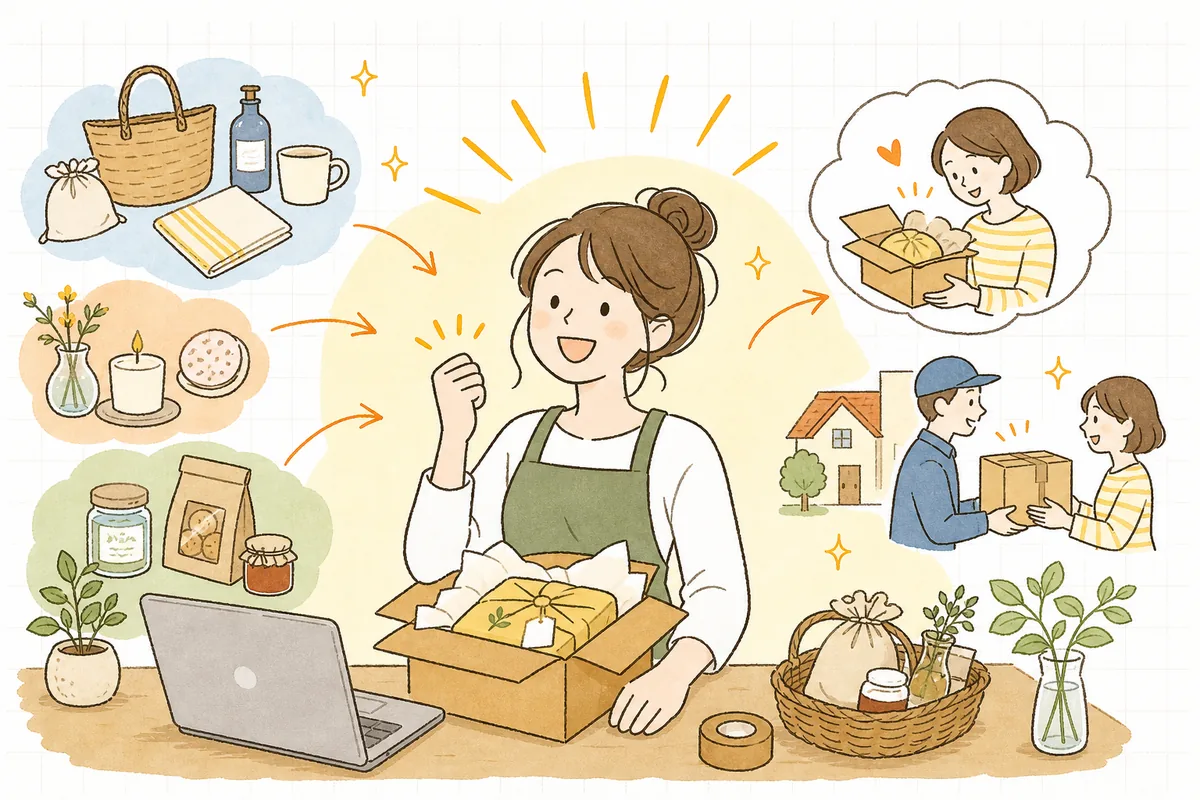 広告を育てた店主が、検索結果の上のほうに自分の商品が表示され注文が入りはじめ、うれしそうに前を向いている明るい情景