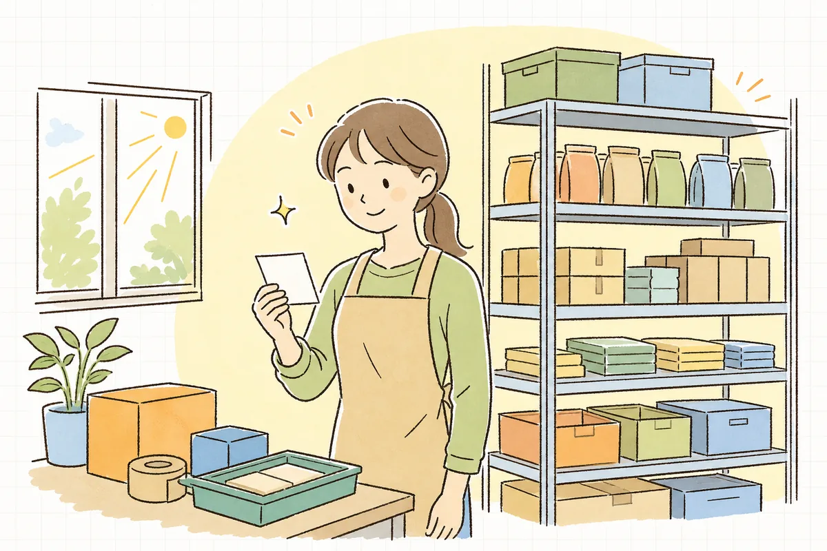 在庫がほどよく整った棚の前で、計算した発注点のメモを手に、迷いの晴れた表情で軽くうなずくEC担当者の情景