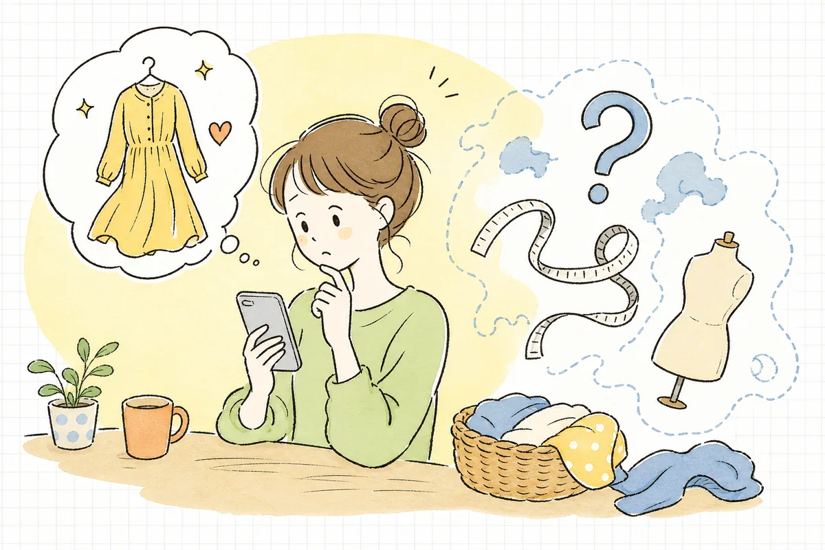 気に入った服をカートに入れたまま、サイズが合うか不安でためらう顧客の情景