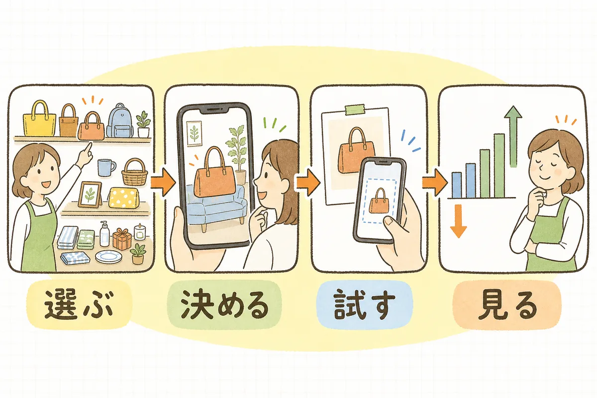 AR試着・3D表示の導入を、選ぶ・決める・試す・見る、の4ステップで示した図