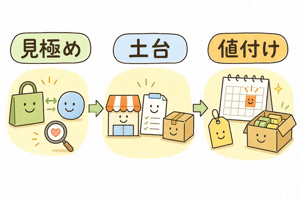 au PAY マーケット出店を「客層と合うか見極める」「アカウントと商品・表記・配送を整える」「ポイント還元前提で価格と在庫を設計する」の3ステップで準備することを示した図