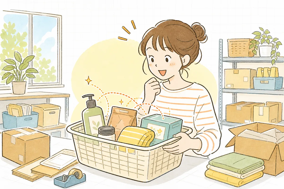 一つの買い物かごの中に、別々の棚から選んだ複数の商品が一緒に入っているのを見て「この組み合わせ、よくあるな」と気づくEC担当者の情景