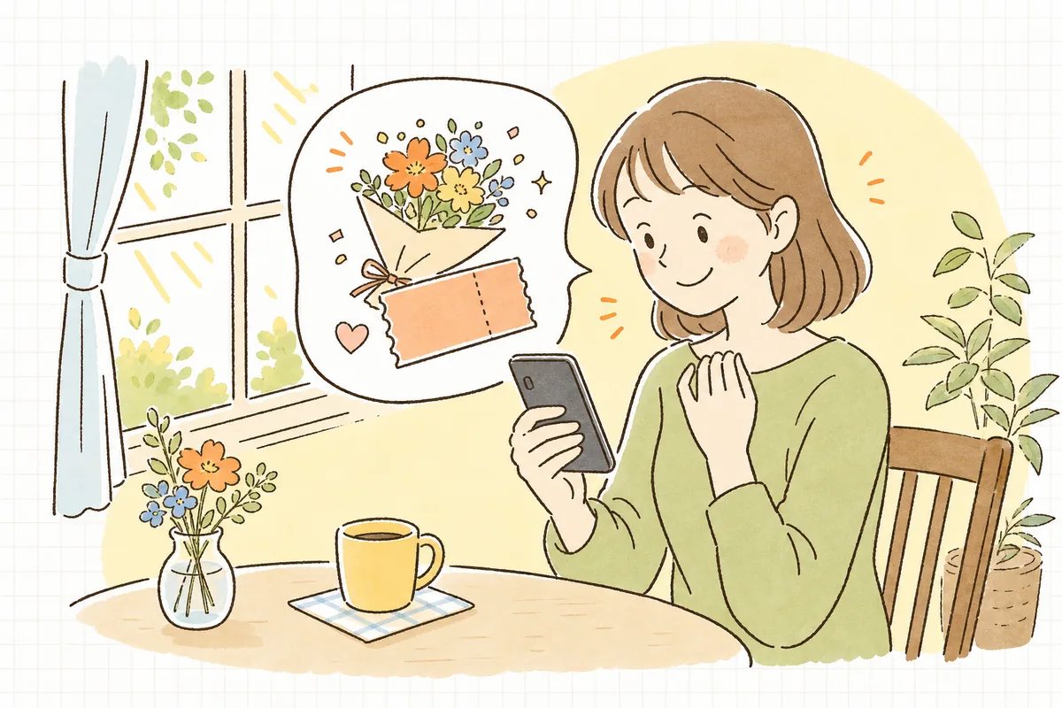 誕生日を祝うメッセージとクーポンが届いたスマホを見て、思わず笑顔になっているお客さんの情景