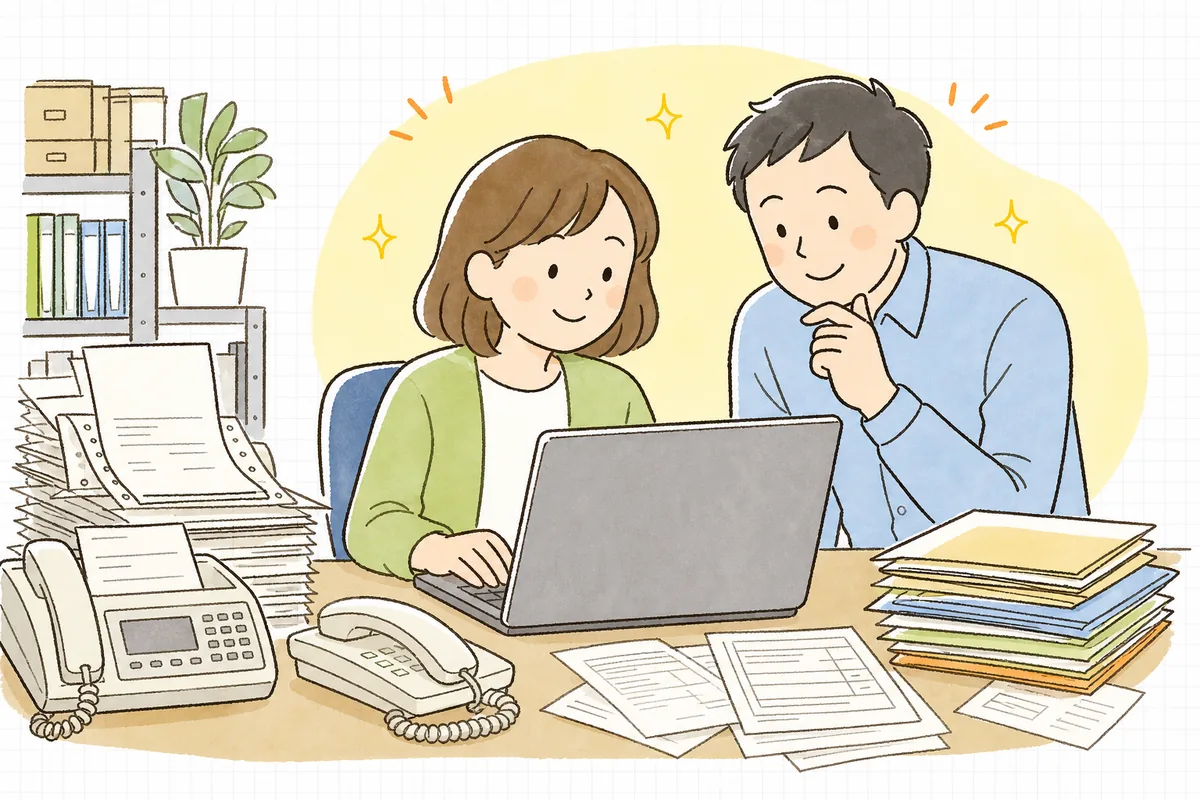 卸の事務所でFAXと電話とExcelに追われていた担当者が、取引先ごとの注文をネットの管理画面でまとめて確認できるようになり、ほっと肩の力が抜ける情景