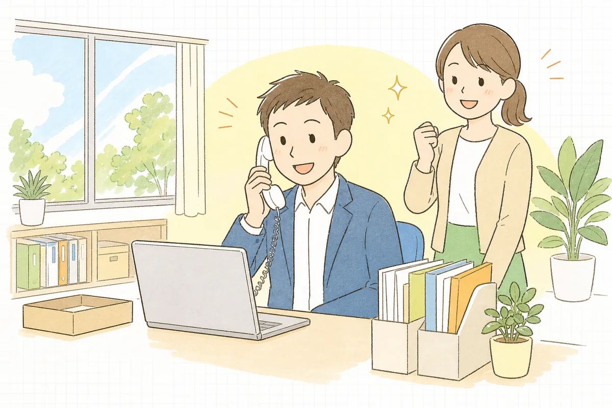 手作業から解放された卸の担当者が、取引先と電話で笑顔で話しながら、これからの取引の広がりに前向きな表情を見せている情景