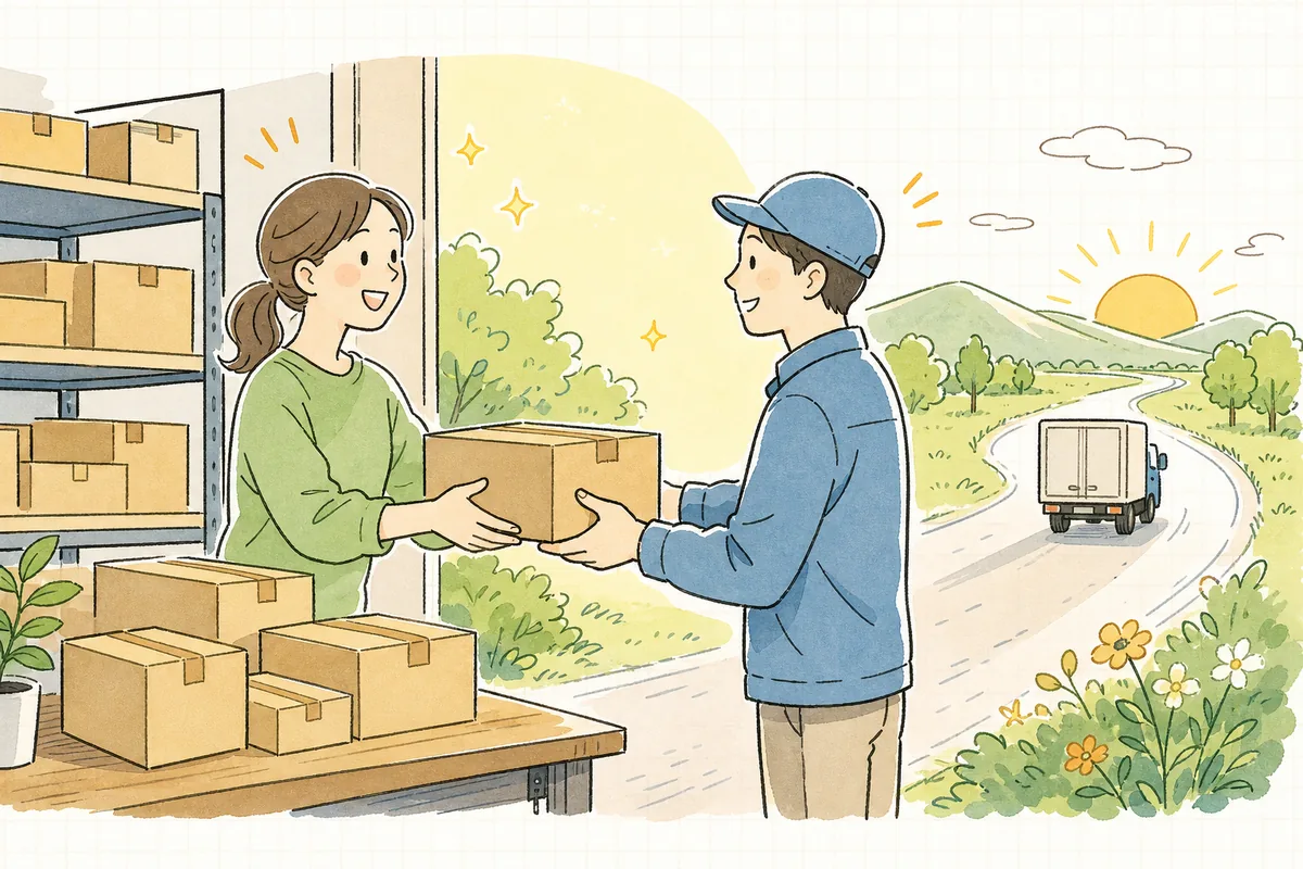 整った出荷体制で荷物がスムーズに送り出され、担当者と配送の人がともに穏やかな表情で荷物を受け渡す明るい情景