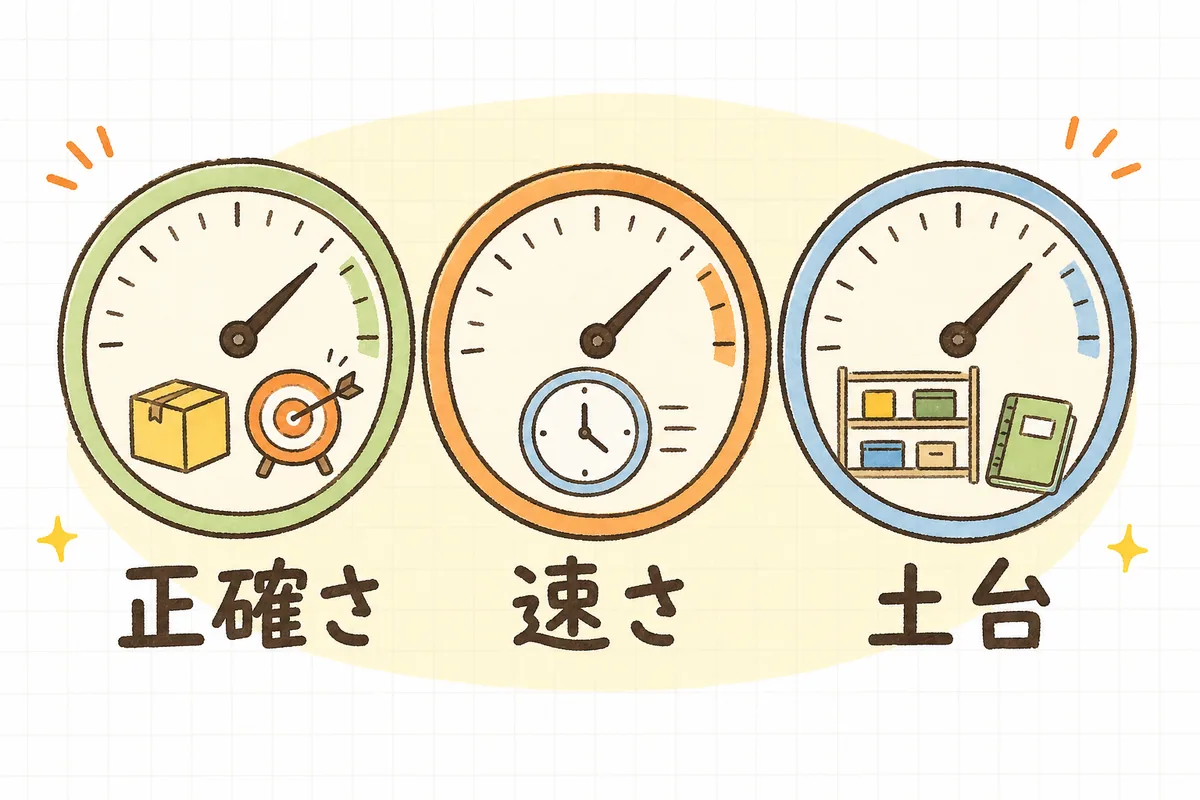 誤出荷率・出荷リードタイム・在庫精度の3つの物流KPIが、それぞれ正確さ・速さ・土台を測るものさしとして並んでいる図