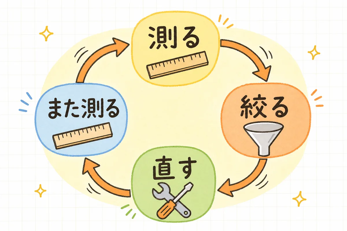測る・絞る・直す・また測るの4ステップが輪になって回り続ける物流KPI改善サイクルの図