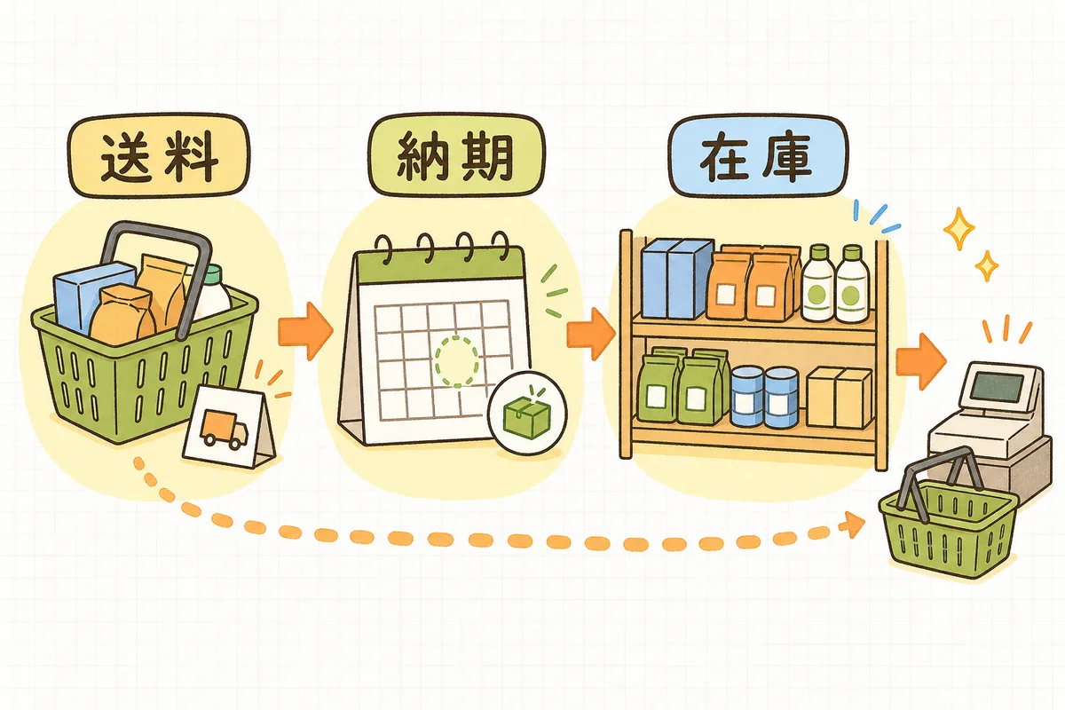 カートで「送料」「納期」「在庫」の3つを先回りして見せることで、迷いが消えて購入完了まで進む流れを示した図
