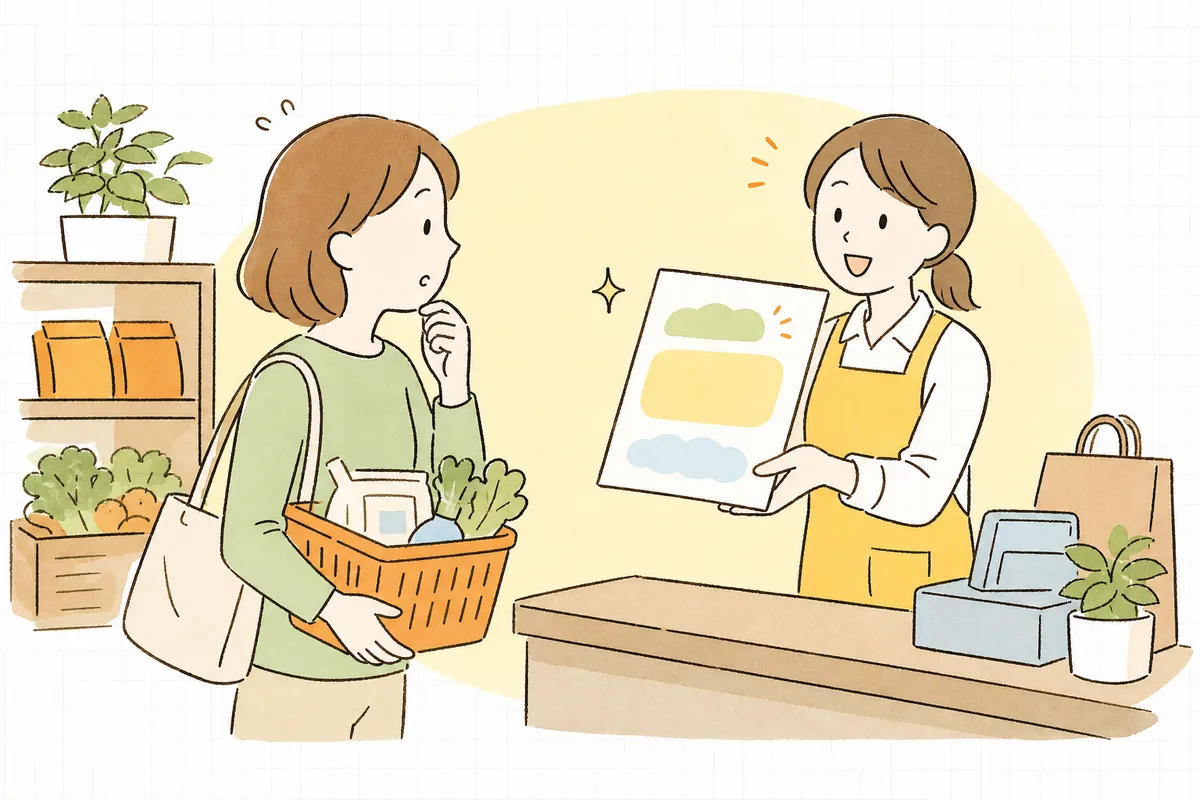 買い物かごを持ったお客さんが、レジの一歩手前で立ち止まり「送料はいくら？いつ届く？」と迷っている様子を、お店の担当者がそっと案内板で先回りして安心させている情景