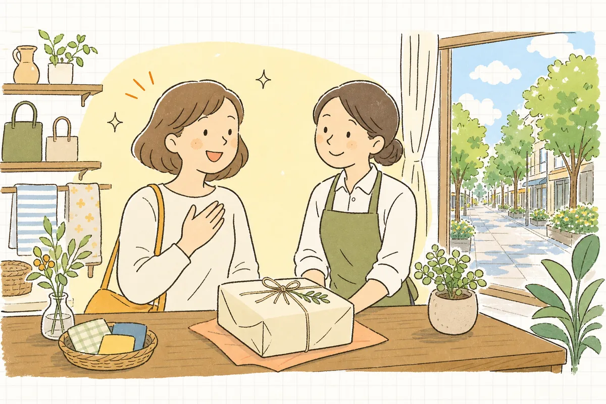 送料もお届け日も在庫も分かって安心したお客さんが、笑顔で購入を終え、お店の担当者とともに晴れやかに前を向いている明るい情景