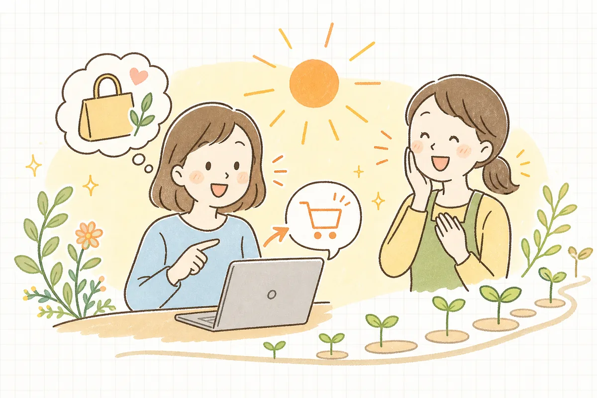 カートに入れるボタンを押せて、買い物が前に進んだお客さんと、それを見て手応えを感じるEC担当者の明るい情景