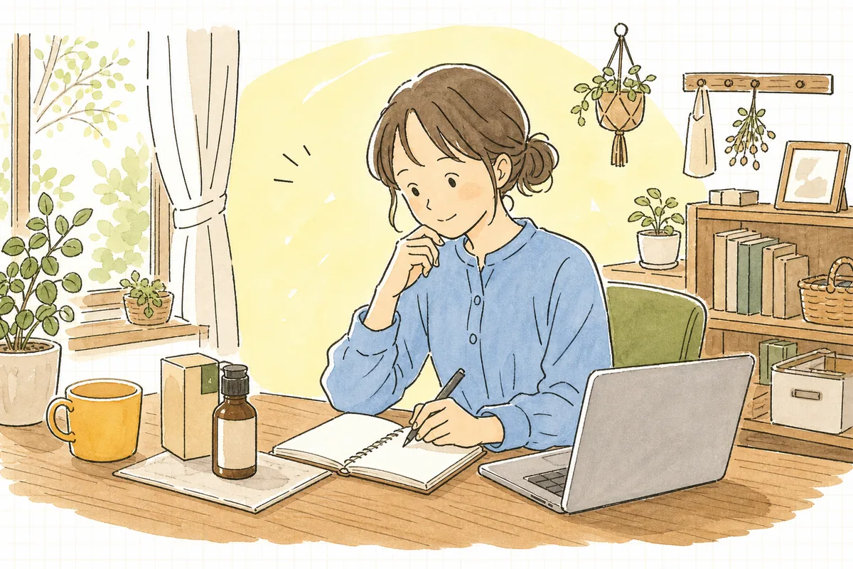自分の商品を前に、お客さんに届く一言をノートに書き出しながら考えているEC担当者